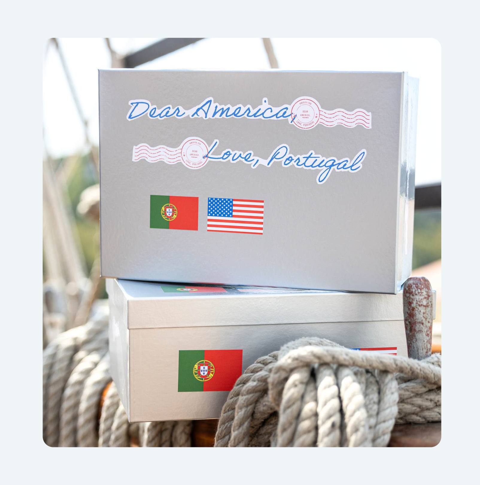 Letter boxes aboard ship, branded Dear America, Love Portugal.