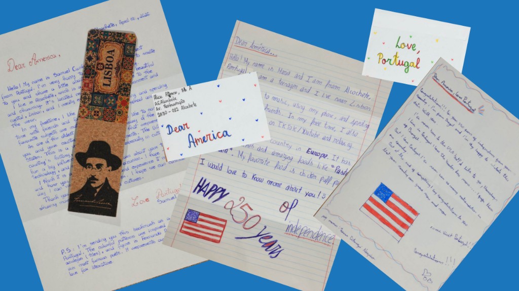 Collage of handwritten letters and notes from Portuguese children to America.